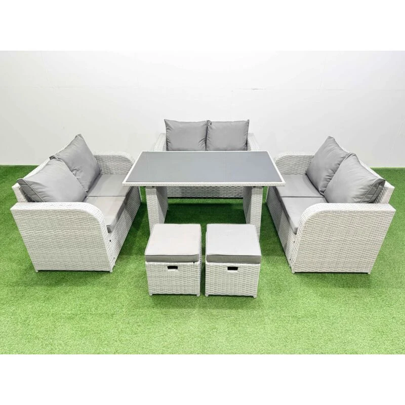 Image of Fimous 8 Seater Patio Garden Furniture Sets with 2 Small Stool Light Grey Light Grey Unisex