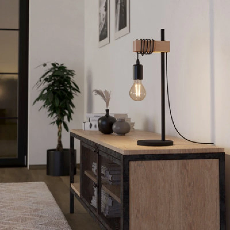 Image of EGLO Eglo TOWNSHEND Black Metal & Natural Wood Industrial Style Table Lamp with Exposed Bulb Black One Size Unisex 9002759435158
