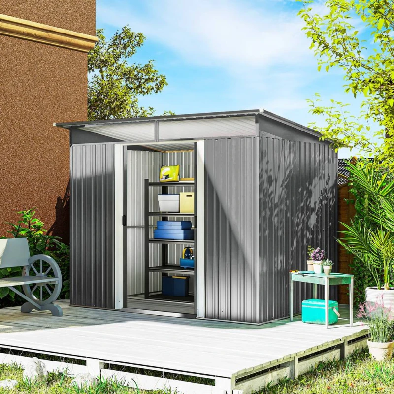 Image of Outsunny Garden Shed Outdoor Storage Tool Organiser W/ Double Sliding Door, Grey 845-174V02LG