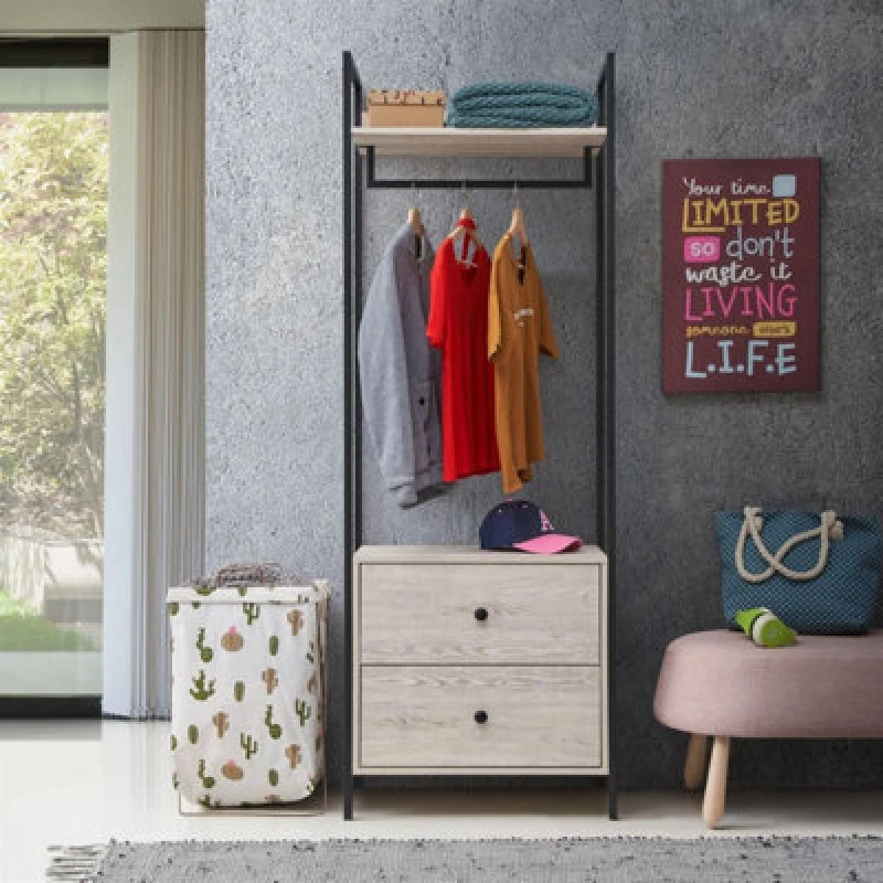 Image of Timber Art Design Zahra Bedroom Open Wardrobe 2 Drawers Ash Oak Furniture Storage Cupboard