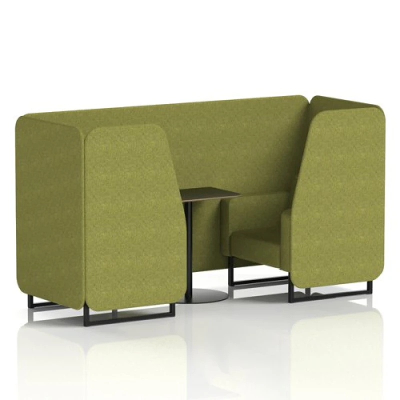 Image of Brixworth 2 Seater Office Booth with Front Panel - Black Legs and Black Table with Black Leg in Rivet Fabric - Olive Panels and Sofa