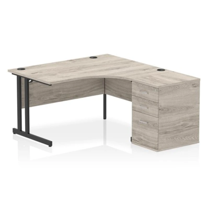 Image of Impulse Impulse 1400mm Right Crescent Office Desk Grey Oak Top Black Cantilever Leg Workstation 600 Deep Desk High Pedestal IWSRC146BCGRY