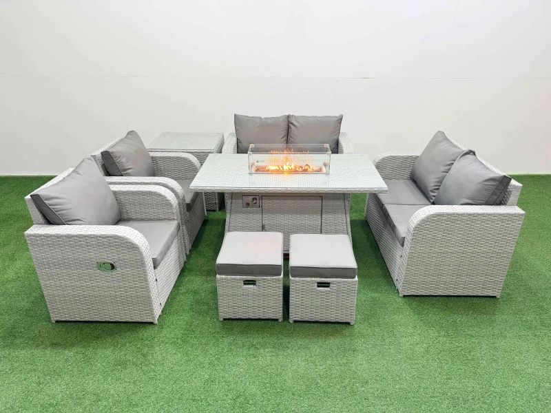 Image of Fimous 8 Seater Outdoor Reclining Chair Love Sofa Set Rattan Garden Furniture Set with Firepit Dining Table 2 Stools Side Table Light Grey Light Grey