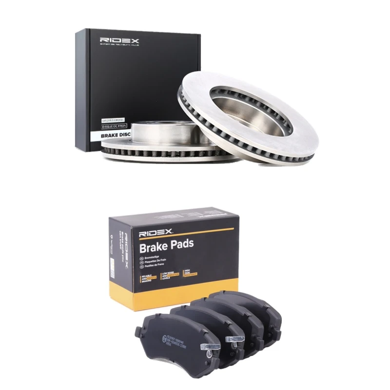 Image of RIDEX 3405B2775 Brake disc and pads set Front Axle, Brake Disc Type: internally vented, with acoustic wear warning Brake Set,disc brakes (3405)