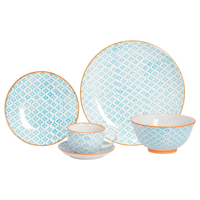 Image of Nicola Spring 30 Piece Hand-Printed Dinner Set in Blue Blue Unisex