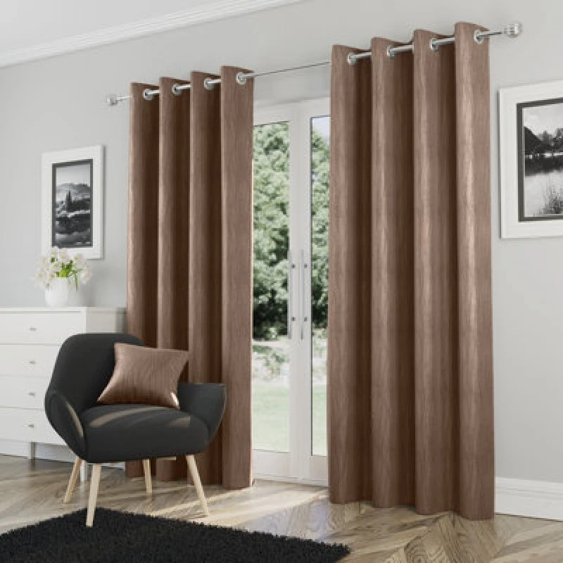 Image of Enhanced Living 'Goodwood' Bronze - Thermal, Energy Saving, Dimout Eyelet Pair of Curtains with Wave Pattern Brown