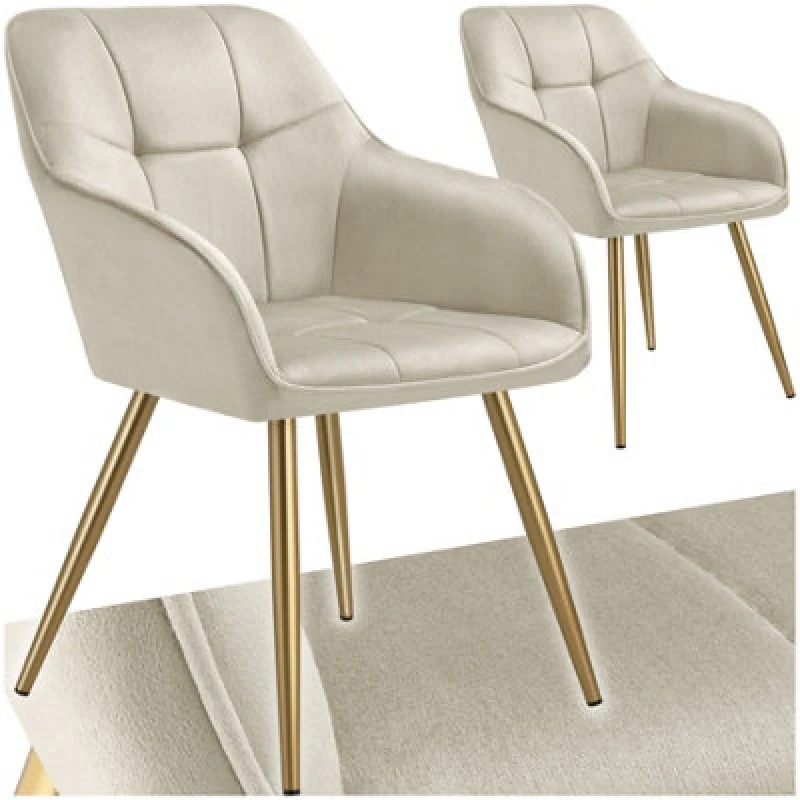 Image of Tectake Set Of 2 Chair Marilyn - Quilted Velvet Look, Continuous Backrest, Golden Steel Legs - Cream/gold