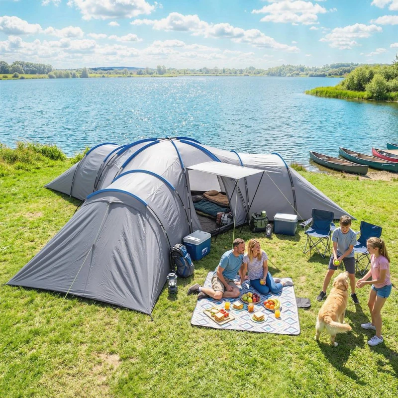 Image of OUTSUNNY 6-9 Man Large Tunnel Tent with 3 Bedrooms, Stand-up Camping Tent in Light Grey Light Grey Unisex