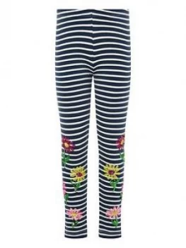 Image of Monsoon Girls Sequin Stripe Flower Leggings - Navy, Size Age: 9-10 Years, Women