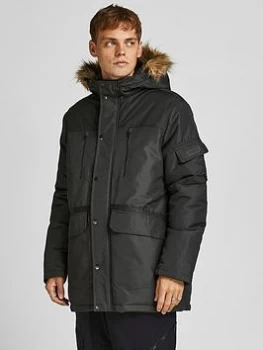 Image of Jack & Jones Globe Faux Fur Hooded Parka, Black Size XL Men