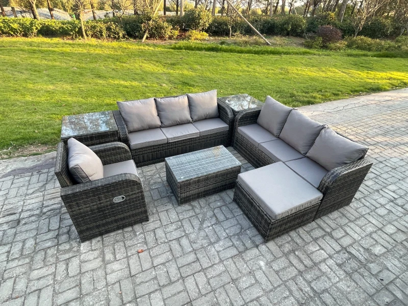 Image of Fimous 8 Seater Rattan Outdoor Garden Furniture Sofa Set Patio Table & Chairs Set with 3 Seater Sofa Reclining Chair 3 Seater Sofa 2 Side Tables Dark