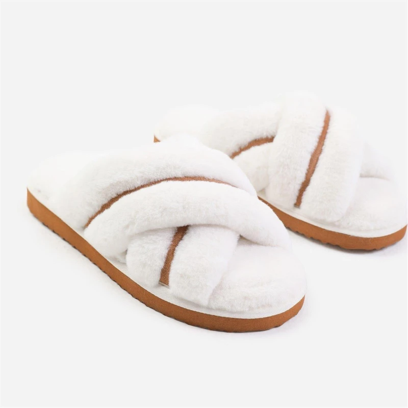 Image of Where's That From 'Cozy' Cross Over Fluffy Slippers Cream