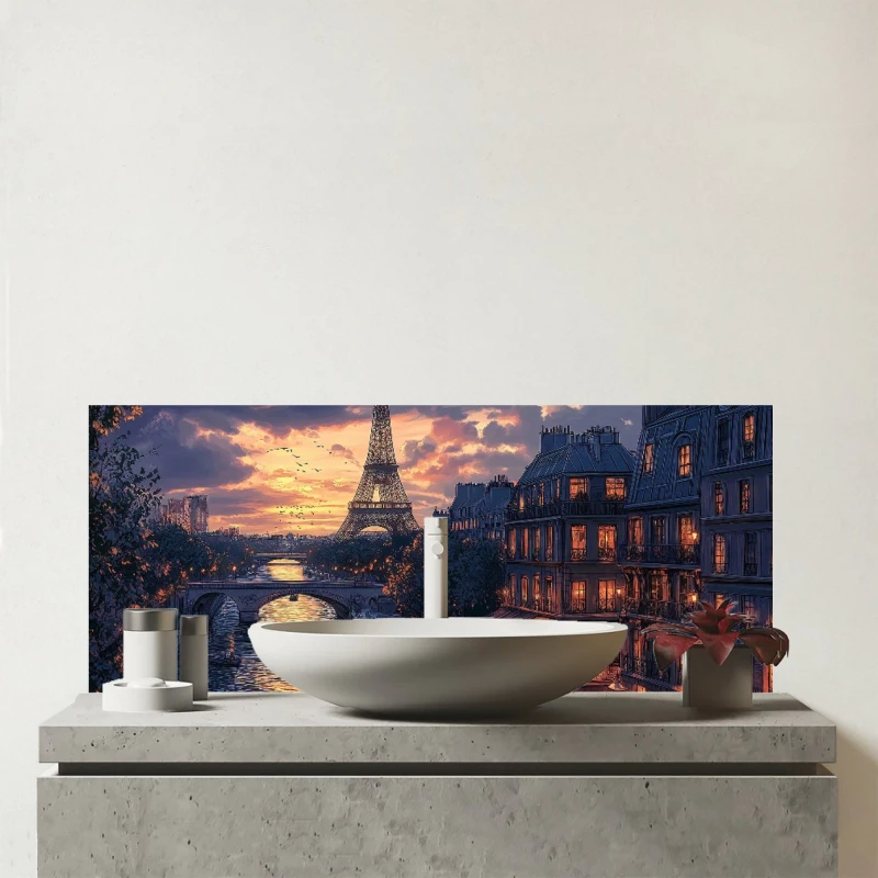 Image of Warren Reed - Designer Paris By Night Glass Bathroom Splashback in Blue Blue Unisex
