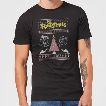 Image of Flintstones Rockin Around The Tree Mens Christmas T-Shirt - Black - 3XL - Black