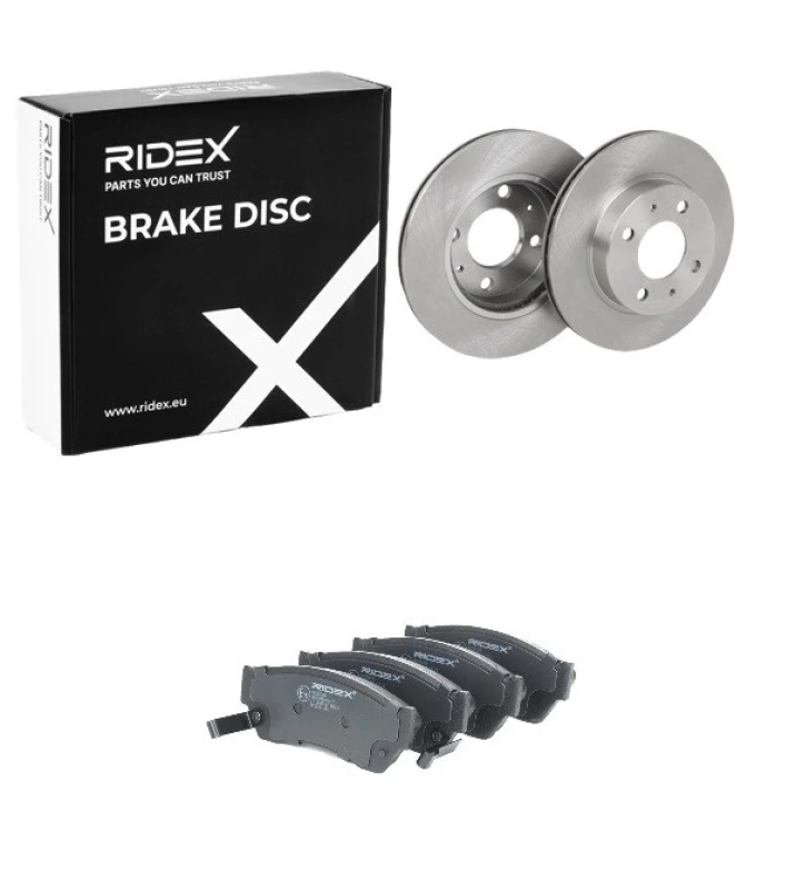 Image of RIDEX 3405B2740 Brake disc and pads set Front Axle, Brake Disc Type: internally vented, with acoustic wear warning Brake Set,disc brakes (3405)