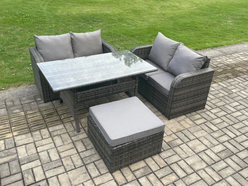 Image of Fimous Garden Patio Furniture Wicker Rattan Oblong Rectangular Dining Table & Loveseat Sofa set with Big Footstool in Dark Grey Dark Grey Unisex