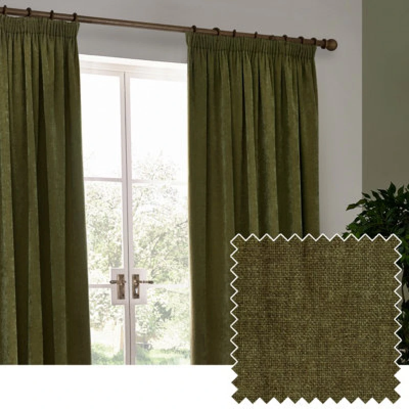 Image of Yard Heavy Chenille Velvet Ready Made Pencil Pleat Curtains Olive