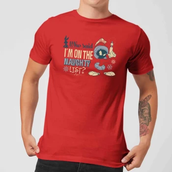 Image of Looney Tunes Martian Who Said Im On The Naughty List Mens Christmas T-Shirt - Red - XS