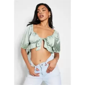 image of I Saw It First Sage Satin Tie Front Puff Sleeve Crop Blouse - Green