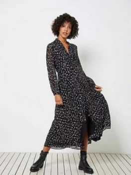 Image of Mint Velvet Miley Foil Print Tie Neck Midi Dress - Black