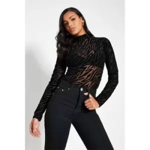 Image of I Saw It First Zebra Flocked Mesh High Neck Long Sleeve Bodysuit - Black