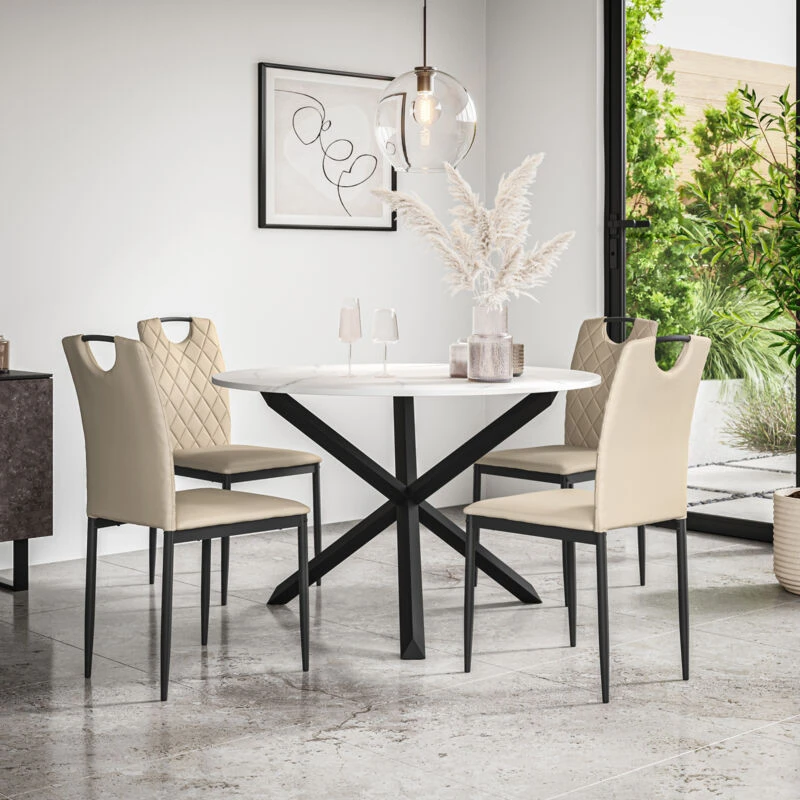 Image of More4Homes Malvern Round Dining Table & Chairs - Marble Table Top w Solid Oak Black Legs + Monza Faux Leather Dining Chair Set Of 4 in Beige Beige Uni
