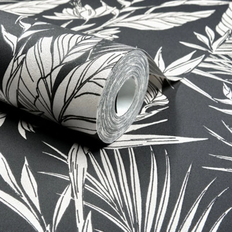 Image of Grandeco Glistening Lucia Tropical Foliage Blown Vinyl Wallpaper, Black