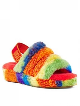 Image of UGG Fluff Yeah Slide Cali Collage Slipper - Multi, Rainbow Stripes, Size 3, Women