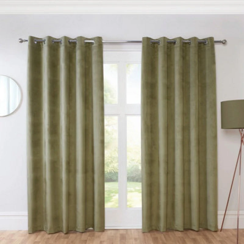Image of Sundour Casa Blackout Ready Made Solid Colour Eyelet Velvet Curtains Green 66X90"