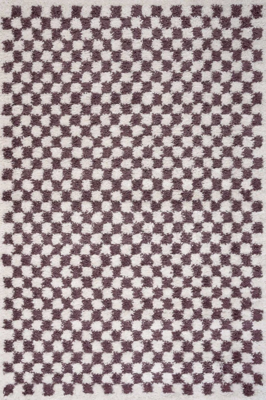Image of THE RUGS Moodi Chequered Shaggy Soft High Pile Living Room Rug & Runner in Purple Size: 80cm x 150cm Purple Unisex 80cm x 150 cm