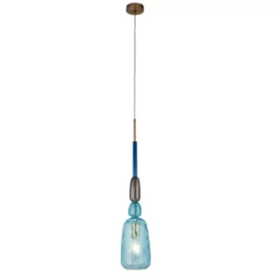 image of Searchlight Narghile 1 Light Mu Lighti Glass Pendant With Blue Shade And Bronze Metal