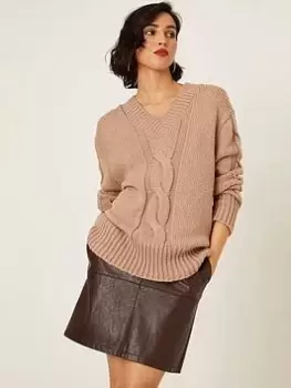 image of Dorothy Perkins V Neck Cable Knitted Jumper - Stone, Size S, Women