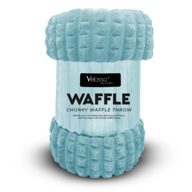 Image of Velosso Elegant Waffle Style Ribbed Thermal Plush Throw - Cosy Winter Embossed Fur Blanket For Sofa, Bed - 127Cm X 152Cm - Duck Egg