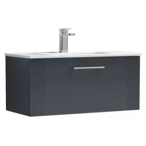 image of Nuie Deco Satin Anthracite 800mm Wall Hung Single Drawer Vanity Unit with 18mm Profile Basin - DPF1496B - Satin Anthracite