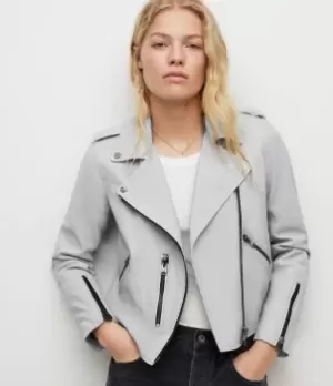 Image of AllSaints Womens Fern Leather Biker Jacket, Coastal Blue, Size: 12