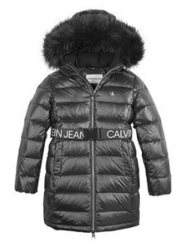 Image of Calvin Klein Jeans Girls Faux Fur Hooded Logo Belted Coat - Black, Size 8 Years, Women