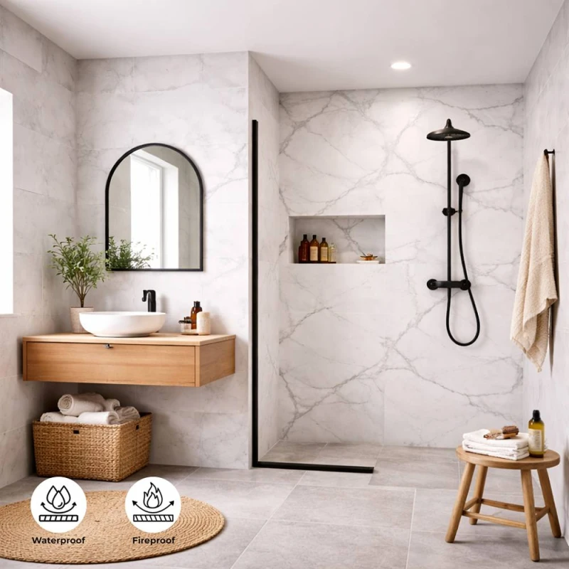 Image of ENER-J BRITWALL Carrara White Marble PVC Shower Panel - 2.4m x 1m x 10mm White Unisex