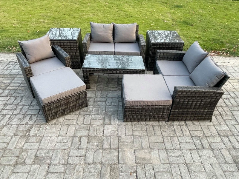 Image of Fimous 7 Seater Outdoor Rattan Patio Furniture Set Garden Lounge Sofa Set with 2 Side Tables 2 Big Footstool Coffee Table Dark Grey Mixed Dark Grey Un