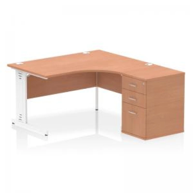 Image of Impulse Impulse 1400mm Right Crescent Office Desk Beech Top White Cable Managed Leg Workstation 600 Deep Desk High Pedestal IWSRW146WBCH