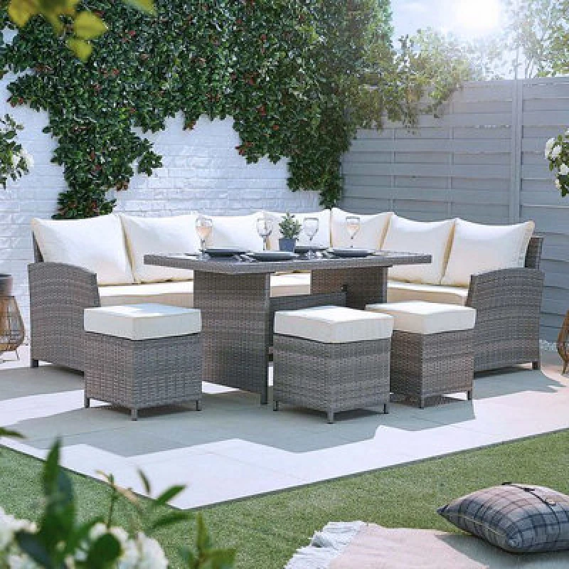 Image of MMT Funiture Designs mmt Rattan Garden Furniture L-Shaped Dining Corner Set - 8 Seater, Part Assembled Aluminium Frame 2.5M X 1.9M, 6 Piece Set