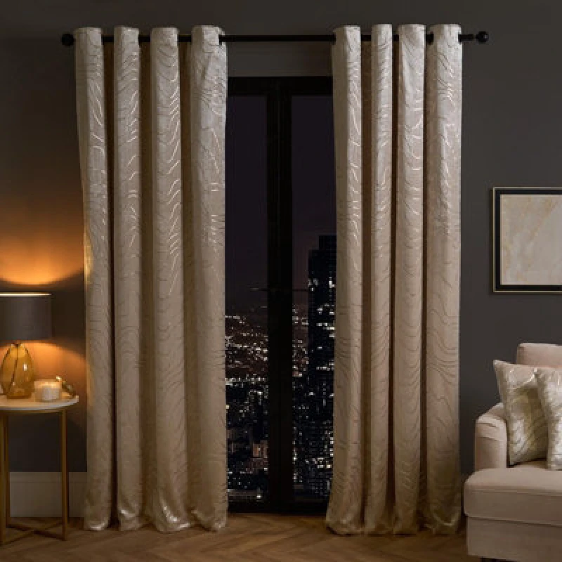 Image of OHS OHS Velvet Eyelet Curtains Metallic Foil Wave Pair of Ring Top Thermal Ready Made in Natural Size: 168cm width x 229cm drop Natural 168cm width
