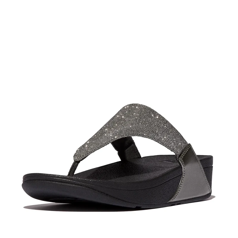 Image of FitFlop Lulu Shimmerlux Toe Post Synthetic Womens Wedge Sole Sandals - Pewter - Size:UK 4