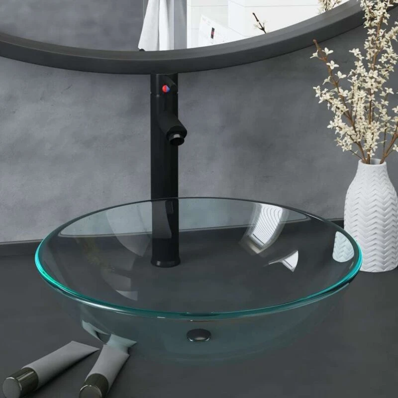 Image of vidaXL Bathroom Sink with Tap and Push Drain Clear Tempered Glass, Clear 3098440