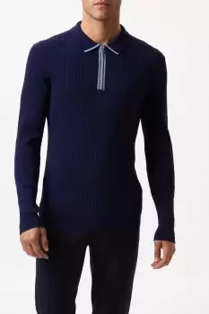 image of Mens Premium Navy Muscle Fit Tipped Zip Knitted Ribbed Polo Shirt