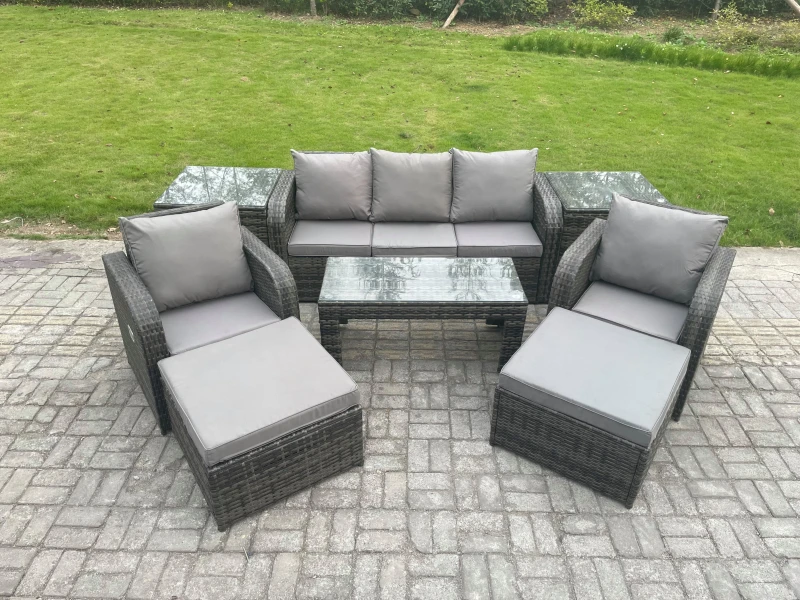 Image of Fimous Rattan Garden Furniture Set with Rectangular Coffee Table 2 Side Tables 2 Big Footstool 7 Seater Patio Outdoor Lounge Sofa Set Dark Grey