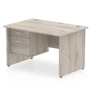 image of Impulse 1200 Rectangle Panel End Leg Desk Grey Oak 1 x 2 Drawer Fixed Ped