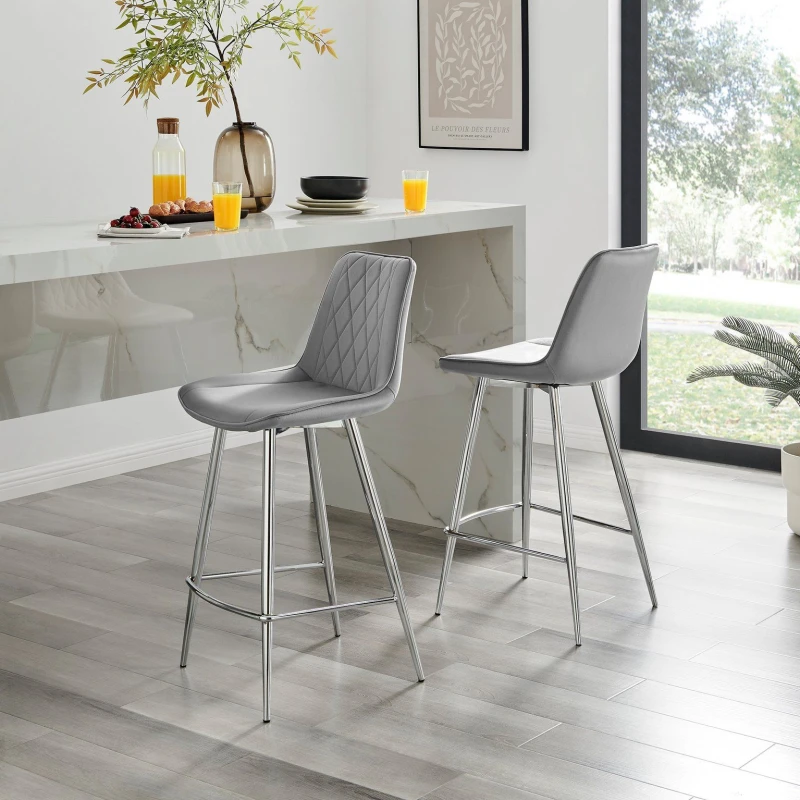 Image of FurnitureboxUK FurnitureboxUK Pesaro Set of 2 Velvet Silver Legs Bar Chair in Grey Grey One Size Unisex 5056542696503