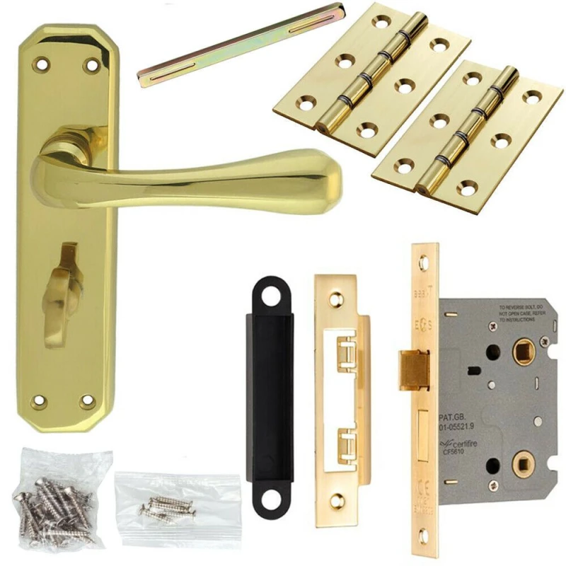 Image of Loops Door Handle & Bathroom Lock Pack Brass Smooth Flared Bar Thumb Turn Backplate Metallics