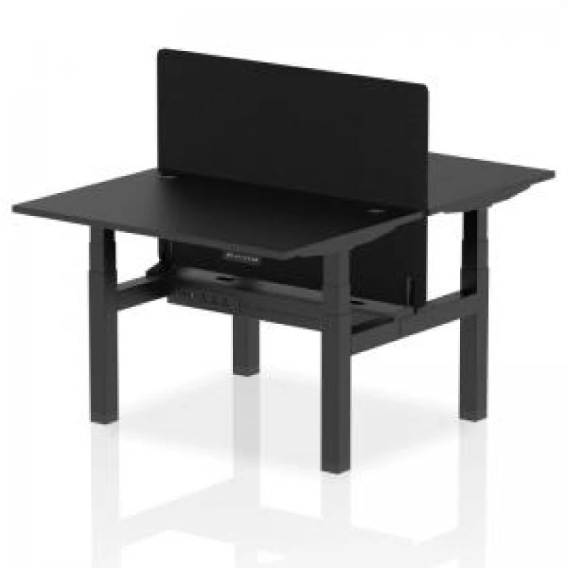 Image of Air Back - to - Back 1200 x 800mm Height Adjustable 2 Person Bench Office Desk Black Top - Cable Ports Black Frame - Black Straight Screen
