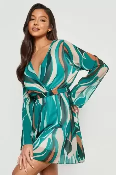 Image of Abstract Chiffon Belted Dress